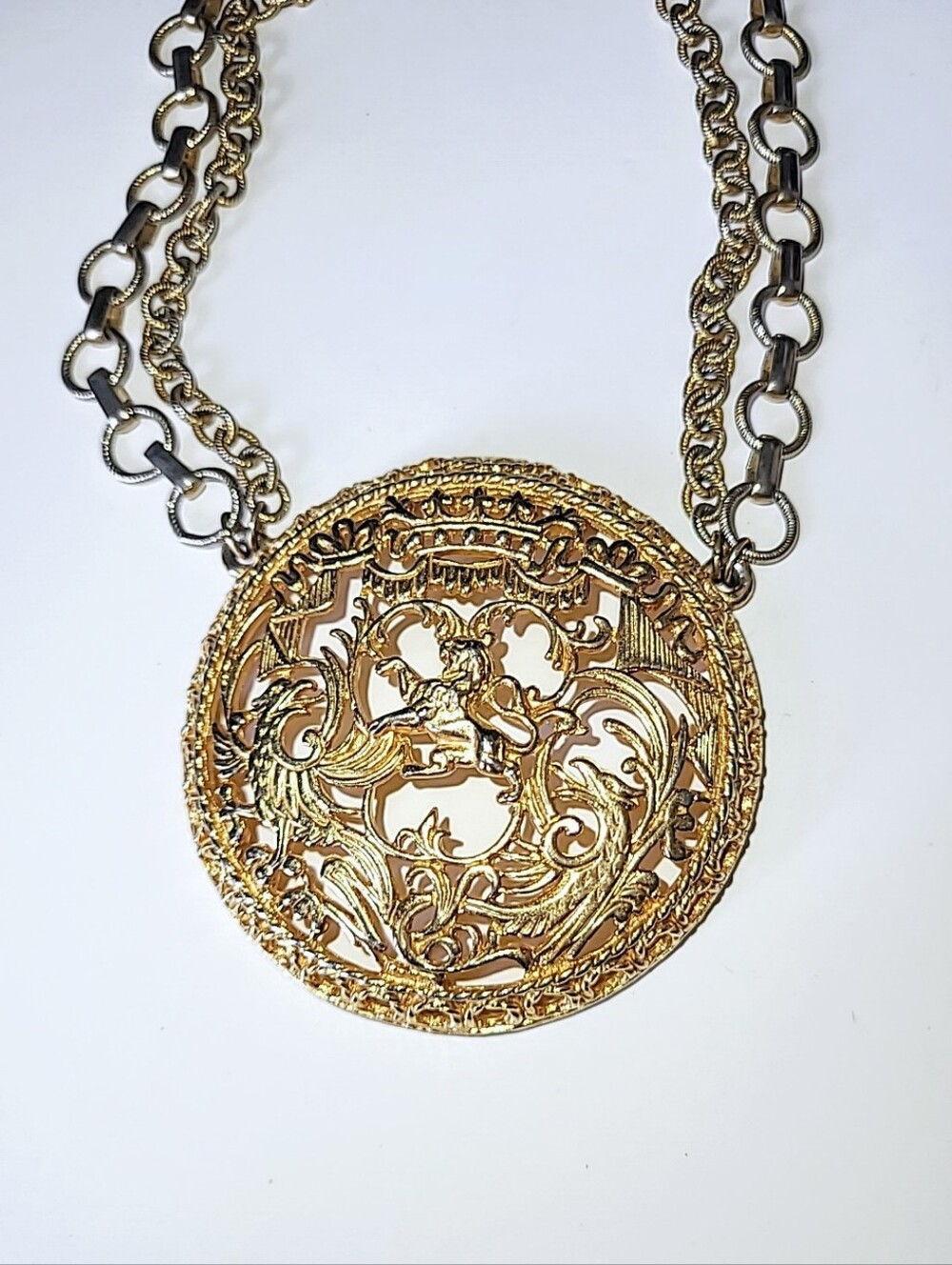Napier Phoenix & Lion Medallion Runway Necklace 1970s
